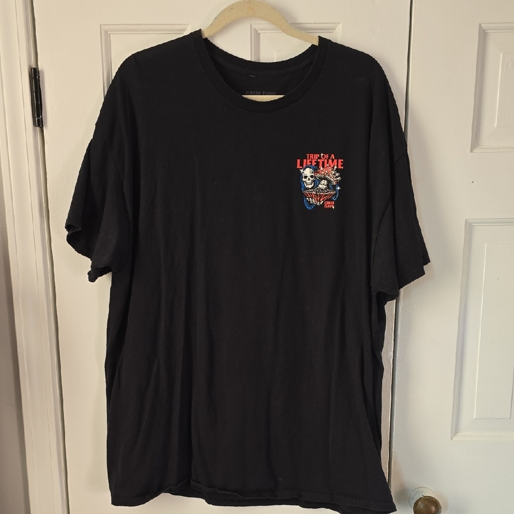 Grim Days Black Graphic Tee with Red and Blue Accents
